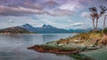 Panoramic view over beautiful sunset at Ensenada Zaratiegui Bay in Tierra del Fuego National Park, near Ushuaia and Beagle Channel Royalty Free Stock Photo