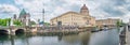 Panoramic view over Berlin Cathedral, Dome, Old Castle Berliner Schloss and Spree river canal and bridges in Berlin historical