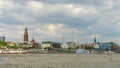 Panoramic view over busy harbor, downtown and historic center in Hamburg, Germany, summer