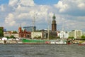 Panoramic view over busy harbor, downtown and historic center in Hamburg, Germany, summer