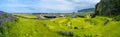 Panoramic view over a camping site at Vik town, near Reynisdrangar rock pillars, South Iceland at summer day Royalty Free Stock Photo