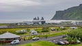 Panoramic view over a camping site at Vik town, near Reynisdrangar rock pillars, South Iceland at summer day Royalty Free Stock Photo