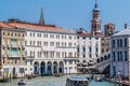 Panoramic view over the canal grande in Venice to the famous Rialto Bridge. Royalty Free Stock Photo