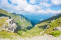 Panoramic view over the Carpatian mountains, green valleys and b Royalty Free Stock Photo