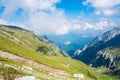 Panoramic view over the Carpatian mountains, green valleys and b Royalty Free Stock Photo