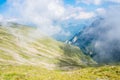 Panoramic view over the Carpatian mountains, serpentine path and Royalty Free Stock Photo
