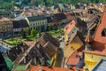 Panoramic view over the cityscape and roof architecture in Sighisoara, medieval town of Transylvania, Romania