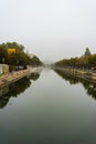 Panoramic view over Dambovita River in a foggy day in Bucharest, Romania, 2019 Royalty Free Stock Photo