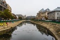 Panoramic view over Dambovita River in a foggy day in Bucharest, Romania, 2019 Royalty Free Stock Photo