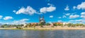 Panoramic view over downtown of Magdeburg, old town, Elbe river and Magnificent Cathedral at early Autumn, Germany, at sunny day Royalty Free Stock Photo