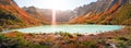 Panoramic view over Esmeralda lagoon and magical austral forest, and high mountains in Tierra del Fuego National Park, Patagonia,