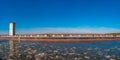 Panoramic view over a famous wonder water bridge and ship navigation canal near Magdeburg at early Spring, Magdeburg, Germany