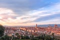 Panoramic view over Florence and its famous landmarks at sunset. Palazzo Vecchio, Florence Cathedral, Ponte Vecchio. Royalty Free Stock Photo