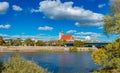 Panoramic view over historical downtown, Elbe river, old city in Magdeburg and Church of Saint Jochannis Jochanniskirche in