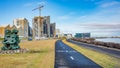 Panoramic view over historical modern downtown in Reykjavik at Summer in Iceland, cityscape with cycling lane and cyclists at Royalty Free Stock Photo