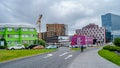 Panoramic view over historical modern downtown in Reykjavik at Summer in Iceland, cityscape with tourists, shops, sightseeing and