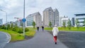 Panoramic view over historical modern downtown in Reykjavik at Summer in Iceland, cityscape with tourists, shops, sightseeing and Royalty Free Stock Photo