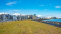 Panoramic view over historical modern downtown in Reykjavik at Summer in Iceland, with many wild birds as geese, dramatic scenic