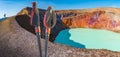 Panoramic view over Icelandic landscape of colorful volcanic caldera Askja, geothermal Viti crater lake in the middle of volcanic