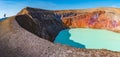 Panoramic view over Icelandic landscape of colorful volcanic caldera Askja, Viti crater lake in the middle of volcanic desert in