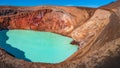 Panoramic view over Icelandic landscape of colorful volcanic caldera Askja, Viti crater lake in the middle of volcanic desert in