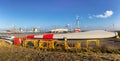 A rotor blade of a wind turbine in the port of Eemshaven.