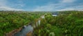 Panoramic view over a landscape of river and forest Royalty Free Stock Photo