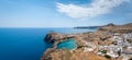 Panoramic view over Lindos village with ruins of ancient Acropolis. Island of Rhodes. Greece. Europe Royalty Free Stock Photo