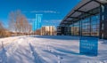 Panoramic view over Magdeburg MDR TV of Sachsen Anhalt in city park and historical downtown in Winter with icy trees and snow