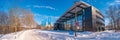 Panoramic view over Magdeburg MDR TV of Sachsen Anhalt in city park and historical downtown in Winter with icy trees and snow