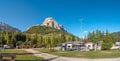 Panoramic view over magical Dolomite granite peaks seen from Passo Gardena, Colfosco, at blue sky and sunny day, South Tyrol,