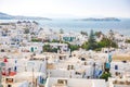 Panoramic view over Mykonos town with white architecture and cruise liner in port, Greece Royalty Free Stock Photo