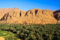 Panoramic view over palm grove oasis on isolated clay house village, rugged steep limestone mountain