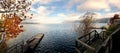 Panoramic view over private pier on lake Traunsee in Upper Austria, Salzkammergut Royalty Free Stock Photo