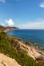 Panoramic view over rocky beach from coastal road near Cavoli, Island of Elba, italy