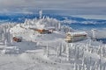 Panoramic view over the ski slope Poiana Brasov ski resort in Transylvania, Pine forest covered in snow on winter season,Mountain