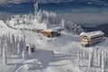 Panoramic view over the ski slope Poiana Brasov ski resort in Transylvania, Pine forest covered in snow on winter season,Mountain