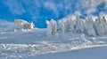 Panoramic view over the ski slope Poiana Brasov ski resort in Transylvania, Pine forest covered in snow on winter season,Mountain