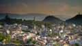 Panoramic View over skyline of Plovdiv taken from ruin hill of ancient fortress,Old Plovdiv cityscape.