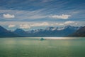 Panoramic view over sunset in Lago Argentino, near Perito Moreno glacier in Patagonia, South America, sunny day, blue sky Royalty Free Stock Photo