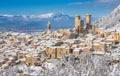 Panoramic view of Pacentro covered in snow during winter season. Abruzzo, Italy.