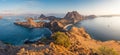 Panoramic view of Padar isalnd in Komodo national park in a morning sunrise, Flores island in Indonesia Royalty Free Stock Photo