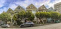 Panoramic view of the Painted Ladies of San Francisco in the state of California, USA. Californian Victorian houses of USA. Royalty Free Stock Photo