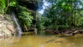 Panoramic view of Paku waterfall in the tropical rainforest jungle in Gunung Mulu National park. Sarawak Royalty Free Stock Photo