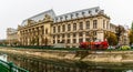 Panoramic view of Palace of Justice reflected in Dambovita River, in downtown Bucharest, Romania, 2019 Royalty Free Stock Photo