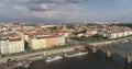 Panoramic view of the Palackeho square in Prague, the Czech Republic with riverbank with people