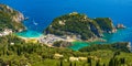 Panoramic view of Palaiokastritsa, boats and beach Corfu, Greece Royalty Free Stock Photo