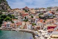 Panoramic View of Parga Town, Western Greece. Amphitheatrical Arrangement of Typical and Traditional Buildings Royalty Free Stock Photo