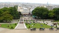 Panoramic view of Parisian garden and square with people