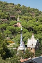 Panoramic view of the Park Guell, Barcelona. Gadua creations drowning in greenery. The famous huge park of Barcelona